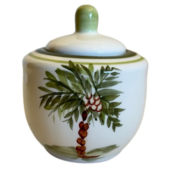 Gibson Designs PALM COURT GIDPAC Sugar Bowl & Lid Green Palm Tree Green Trim - Picture 1 of 12